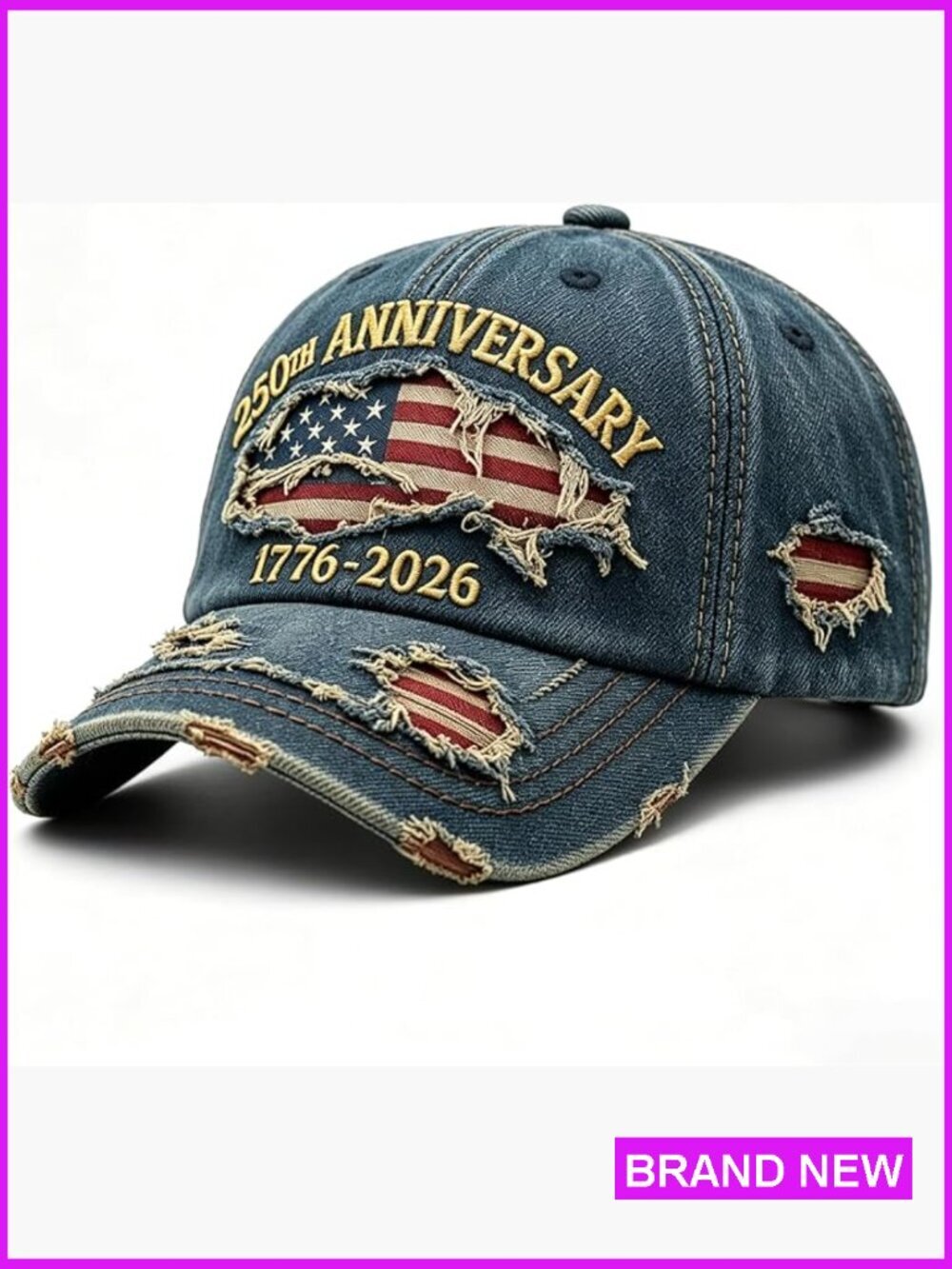 250th Anniversary Distressed Denim Baseball Cap - Embroidered Patriotic Hat